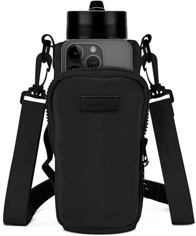 Linkidea Water Bottle Carrier with Strap Compatible with YETI Rambler Bottle 18oz/26oz, Owala FreeSip 24oz/32oz, Waterbottle Sling Bag Holder, Shoulder Strap with Phone Pocket (Black)
