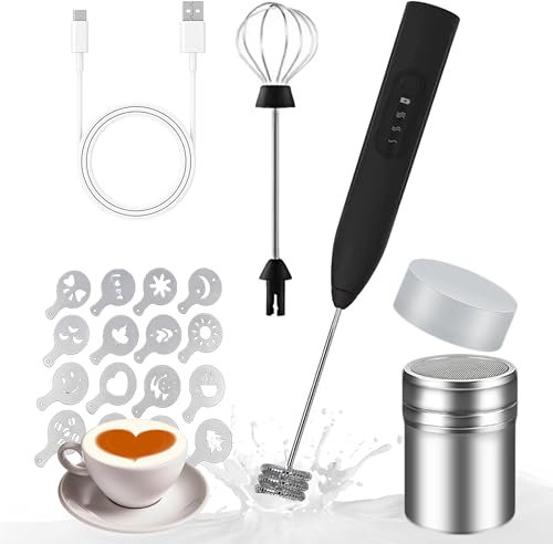 Espumador de Leche.USB.Batidora.Batidora De Mano.Batidora de biberones.Batidora de Leche Espuma Electrico.Batidora para Biberones.Batidora De Vaso.Batidora Biberones +Bote Canela+16 Plantillas.