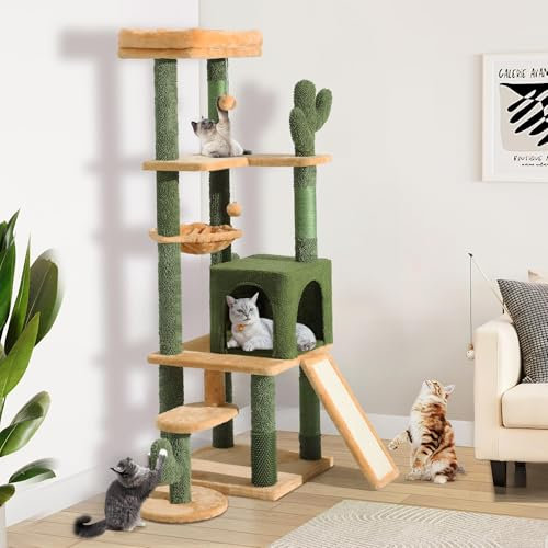 YITAHOME Tall Cactus Cat Tree Tower with Self-Grooming Brush, 60in Cute Cat Climbing Tower for Indoor Cats with Cat Condo, Top Perch, Basktet, Sisal Scratching Posts and Board,Toy Balls