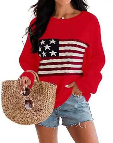 Dressmine Damen-Pullover mit amerikanischer Flagge, Strick, langärmelig, Rundhalsausschnitt, Grafik, elegant, weich, lockerer Pullover, Rot/Ausflug, einfarbig (Getaway Solids), L