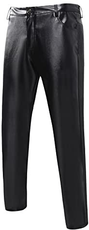Herren-Lederhose – Hose mit geradem Bein, glänzende Metallic-Hose, Bühnenaufführung, Sänger, Disco-Hose, gerade Passform, Nachtclub, Cosplay, Herren-Hose, Kunstlederhose, Motorrad-Bikerhose, Schwarz ,