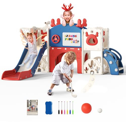 Krovtoy Toboggan 7 en 1 pour Tout-Petits, Toboggan pour Tout-Petits sur Le thème de l'élan de Noël avec Ensemble de Golf, Toboggan pour bébé pour de 1 à 3 Ans(Rouge Bleu-7 en 1)