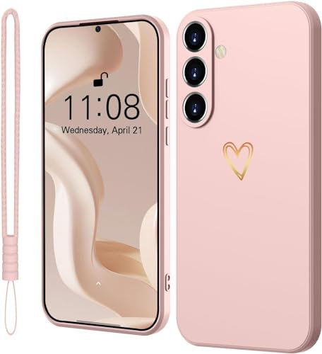 Mitetabo für Samsung Galaxy S24 Hülle Silikon Handyhülle Samsung Galaxy S24 mit Gold Liebesherz, Dünn Gold Love Schutzhülle Slim Kratzfeste Rundumschutz Case für Samsung S24 5G Rosa