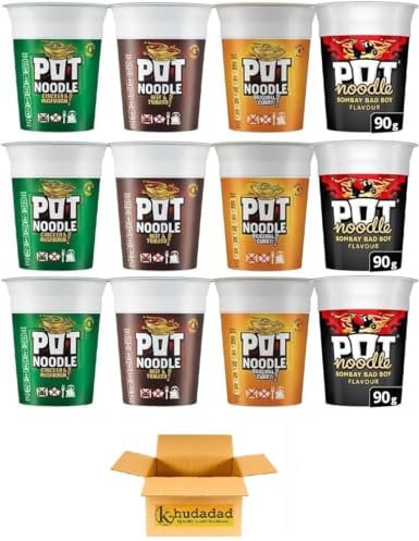 Noodle Multipack 12 – 3x Beef & Tomato, 3x Chicken & Mushroom, 3x Curry, 3x Bombay Bad Boy | Instant Noodles 90g Pots | Quick & Easy Meal for Home, Office, Students, Camping & Travel