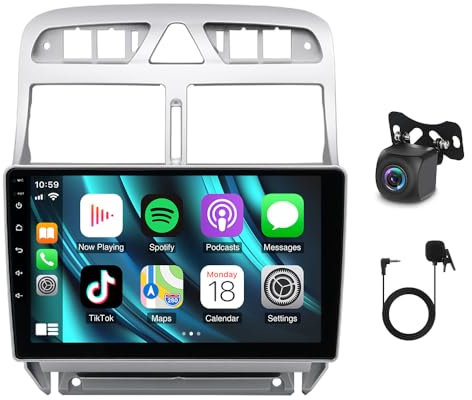 4+64G Android/iOS Autoradio 2 Din avec Carplay sans Fil Android Auto Compatible avec Peugeot 307 2002-2013, Radio Voitures Ecran Tactile 9 Bluetooth Navigation GPS HiFi FM WiFi Caméra Recul