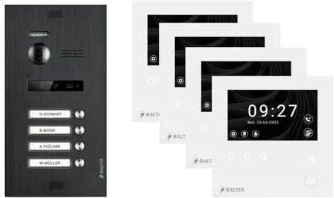 SCHUTZER Balter EVO HD Video-Türsprechanlage Set für 2-4-Familienhaus | 4,3 Touchscreen Monitor mit Wi-Fi + Full-HD Kamera (Schwarz ohne Wi-Fi, 4 Familienhause)