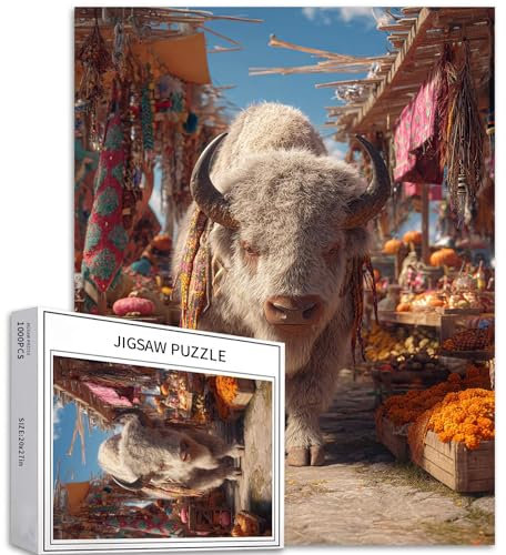 Tribal Bison Puzzle für Erwachsene, Halloween-Atmosphäre, Kunst-Puzzle, herausfordernde Familienaktivitäten, buntes Bastelpuzzle für Heimdekoration, Geschenke, 50,8 x 68,6 cm, 1000 Teile