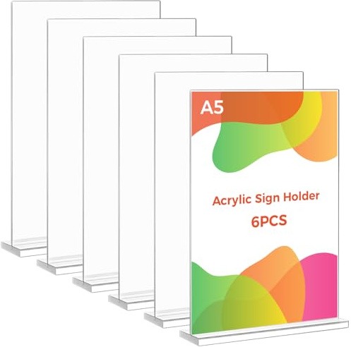 Thboxes 6 Pack A5 Acrylic Sign Holder, T-Shaped Double-Sided Menu Stand | Clear Poster Display, Upright Base, Easy Paper Insert, for Office, Hotel, Shop, Restaurant, Cafe, Reception, Trade Shows