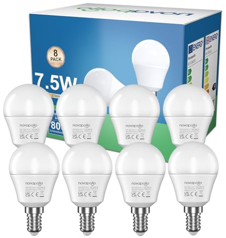 novapollo E14 LED Warmweiss Lampe, 7.5W 2700K E14 Glühbirne Warmweiß Leuchtmittel, Ersetzt 60 Watt, P45/G45 Tropfenform Birne, 806LM Energiesparlampe, 180° Abstrahlwinkel, Nicht Dimmbar, 8 Stück