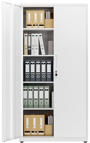 LAND·VOI Steel Storage Cabinet, 5-Tier Lockable Cabinet with Adjustable Shelves, Double-Door Cupboard Storage, For Home, Office Storage, 40×80×181.5cm, Tall Cabinet, White
