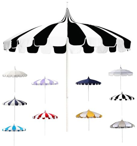 RTVGNSZSJL 260cm Pagode Sonnenschirm Großer Terrassenschirm Mit Fransen Boho Strandschirm Tragbar Balkonschirm UV-Schutz Hochzeit Brautschirm(Blue Stripes)