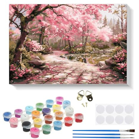 RICUVED Peinture par Numéros Adulte Fleur de cerisier,Paysage Maison Peinture par Numéros Kits avec Cadre en Bois Toile Huile la Main avec Pinceaux Kits Adultes Artisanat pour la Maison 20x30cm