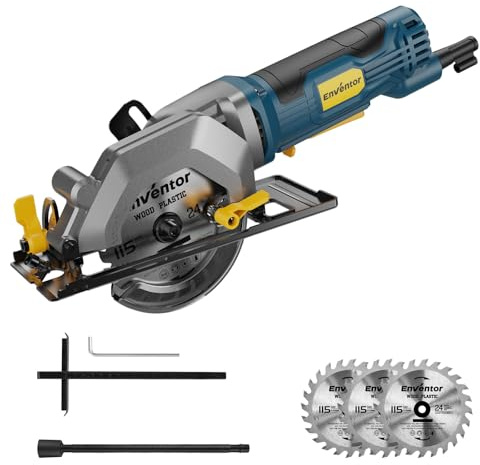 Enventor Mini Scie Circulaire, 580W, 3 Lames 115mm | Petite Scie Circulaire, 4000RPM, Profondeur de coupe de 43mm (90°) et 29mm (45°), pour le Bois, Plastique et PVC