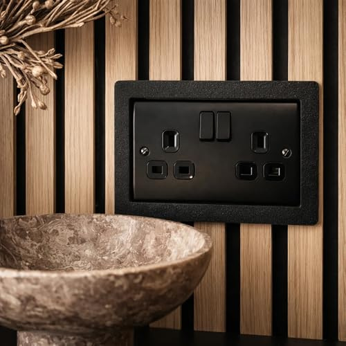 Goods Emporium Acoustic Wall Panel Socket Surround Trim, UK Plug Socket Spacer Switch Frame for Slat Wall Panels, Black or White, Single and Double 1 Gang 2 Gang Options (1, Black, 2 Gang - Double)