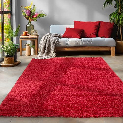 Flauschiger Teppich Wohnzimmer Schlafzimmer Läufer Flur Esszimmer Küchenteppich Hochflor Einfarbig Modernes Design 30 mm Florhöhe Kuschelweich, Rot, 240 x 340 cm