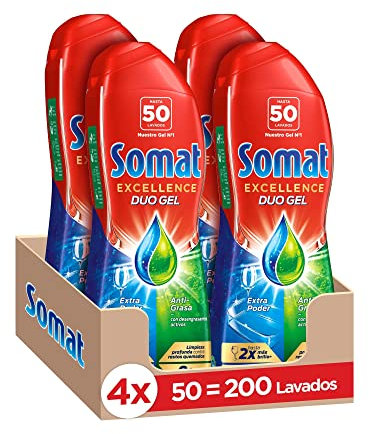 Somat Excellence Gel Anti-Grasa 50 Dosis (pack de 4, total: 200 lavados), detergente lavavajillas líquido automático en botella, jabón para platos con desengrasantes activos
