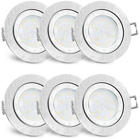 SSC-LUXon 6 Stück RW-2 Einbaustrahler LED flach IP44 Alu für Bad & Außen - mit 4W LED Modul warmweiß 230V - Einbauspot rund