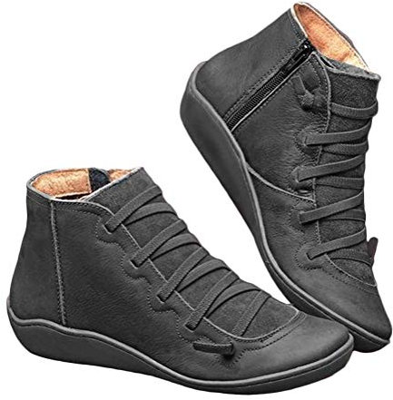 Stivali Invernali Donna Stivaletti in Pelle PU Comodo Morbido Stivali Fatti a Mano Stivali Stringati da Donna Stivali Corti Piatti Vintage A Grigio 35 EU