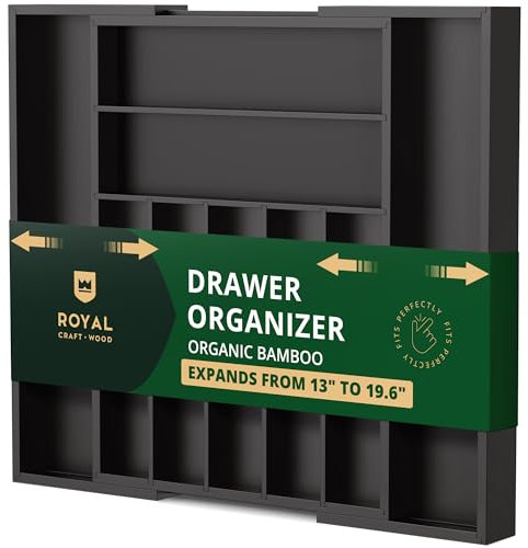 ROYAL CRAFT WOOD Luxuriöser Schubladen-Organizer aus Bambus – Besteck-Organizer – Utensilienhalter und Besteckkasten mit gerillten Schubladenteilern für Besteck und Küchenutensilien (schwarz)