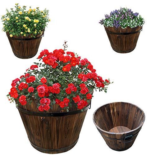 Hossi's Wholesale 4er Set runde Holz Pflanzkasten | Pflanzkübel | Kräuterbeet | Pflanzkübel | Pflanzentopf | Balkonkasten | Holzkübel | Dekokasten | Dekokübel