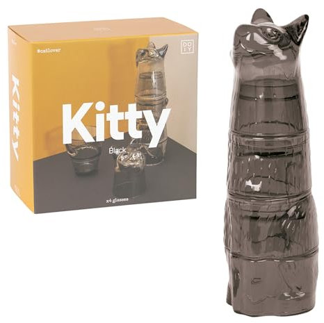 Doiy - Juego de Vasos de Cristal - Diseño en Forma de Gato - Fabricados con Cristal - Vasos para Decorar Apilables - Apto para Lavavajillas - Color Negro - 7x8x29cm - 4 Unidades