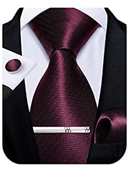 DiBanGu Herren-Krawatte aus Seide, einfarbig, Krawatte und Einstecktuch, Manschettenknöpfe, Krawattenklammer, Set, gewebte einfarbige Krawatten für Männer, Hochzeit, Party, Weinrot, Einheitsgröße