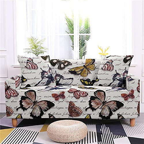 Hearda Stretch Sofabezug Sofahusse, Schmetterlingsdruck Spandex Elastische Sofa Sofaüberwurf Sesselhussen 1/2/3/4-Sitzer Couchbezug mit Anti-Rutsch-Schaumstoffe (Vintage,3-Sitzer 190-230cm)