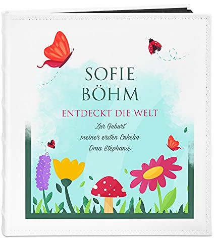 Maverton Fotoalbum zum Selbstgestalten mit Aufdruck - für 240 Fotos 10x15-60 schwarze Seiten - Größe 33x30cm - Weiß - personalisierte Geschenke für Baby zur Taufe Geburt - Geburtstagsgeschenk