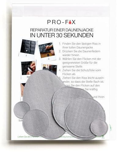 PRO FIX: Einfach zu verwendende Flicken-Sets für Daunenjacken - Selbstklebende, wasserfeste, reißfeste Flicken zur Reparatur von Kleidung, Schlafsäcken, Zelten, Outdoor-Ausrüstung - Silber