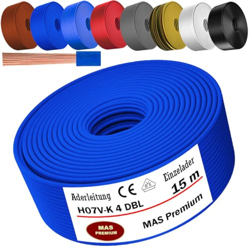MAS Premium Von 5 bis 100m Aderleitung H07 V-K 4 mm² Schwarz, Braun, Dunkelblau, Grüngelb, Grau, Hellblau, Weiß oder Rot Einzelader flexibel (Dunkelblau, 15m)