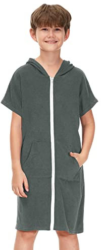 BesserBay Mädchen Handtuch Strandponcho Badeponcho Reißverschluss mit Kapuze Grau Seitentaschen Surf Poncho 130