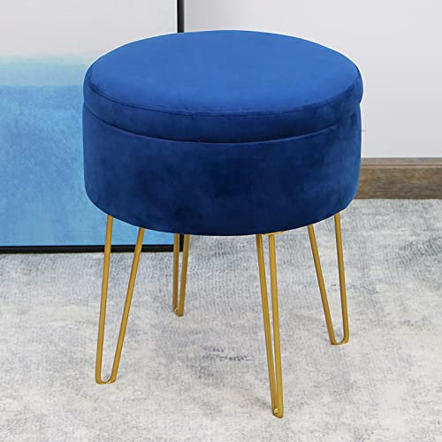 Velvet Round Stool Ottoman Storage Seat Vanity Dressing Table Stool Chair Coffee Table Tray Metal Legs (Navy)
