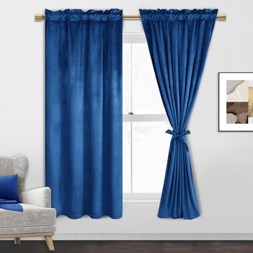 JIUZHEN Blaue Verdunkelungsvorhänge aus Samt, Stangentasche, Heimdekoration, Raumverdunkelung, geräuschreduzierend, für Wohnzimmer/Kinderzimmer/Schlafzimmer/Küche, 2 Paneele, 132 x 160 cm (B x L)