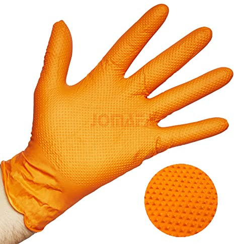 JOMAFA Guantes de Nitrilo DIAMANTADOS GRIP Super resistentes Reutilizables NARANJAS 8 micras/9´9 gramos, pack de 50 Talla L