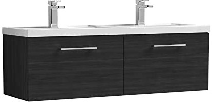 nuie ARN622F Arno Modern Bathroom Wall Hung 2 Drawer Double Vanity Unit with Twin Ceramic Basin, Woodgrain Charcoal Black