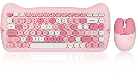 Perixx PERIDUO-715 Wireless Mini Keyboard and Mouse Set - Cute Cat-Like Design - Pink Candy Colors - Portable Travel Bag - Type-C Adapter - US English