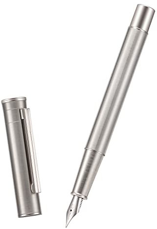 Hongdian Silver Stainless Steel Fountain Pen, Medium Nib Modern Design Smooth Writing Pen with Converter and Metal Pen Case Set