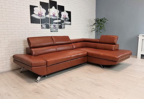 Quattro Meble Glanz braunes Echtleder Ecksofa Varsovia 278 x 193 cm Sofa Couch mit Schlaffunktion, Bettkasten und mit Kopfstützen Echt Leder Eck Couch viele Farben (278x193 cm Ecke Rechts)
