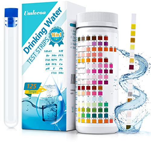 Umlecoa 16 in 1 Premium Wassertest-Kit - 125 Teststreifen für Wasserqualität für Brunnen und Wasserhahn Testkit - Prüfung auf pH-Wert, Härte, Chlor, Blei, Eisen, Kupfer, Nitrat, Nitrit usw