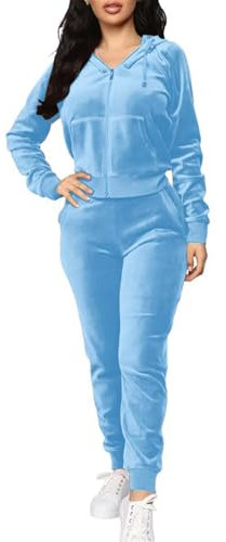 BOGURST Velours-Trainingsanzug-Set, Damen-Sweatshirt, durchgehender Reißverschluss, Kapuzenpullover und lässiger Jogger mit Taschen, Ah hellblau, Small