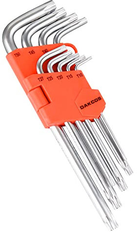 DAKCOS Torx Schlüssel Set T10-T50, 9-tlg. Torx Winkelschlüssel Satz mit Stirnlochbohrung, CR-V, für Innen-TORX-Schrauben, in Kunststoffclip