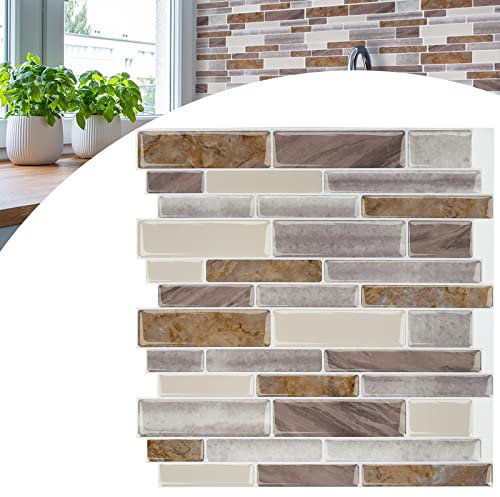 YARDIN Adesivi per piastrelle, 10 fogli, pannelli da parete 3D, in marmo, design a mosaico, per decorazione da cucina e bagno, 30 x 30 cm, colore marrone e grigio
