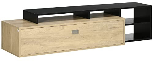 HOMCOM TV Stand Cabinet, TV Unit for TVs 32-65, TV Cabinet with Movable Top Shelf, Storage Shelves and Flip Door for Living Room, Natural