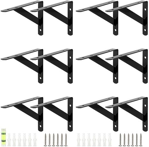 12 Stück 150x95mm Regalwinkel mit Schrauben, 90 Grad Regalhalterung, Schwarz Stahl Regalträger Schwerlastträger, Winkel Regal, Winkelträger Regalkonsole für Bücherregale, Wandmontage und Bad
