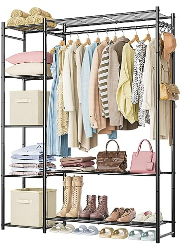 Wardrobe Closet,Portable Clothes Rack with 4 Tiers Shelves,Freestanding Closet Organizers and Storage System with Hanging Rods,Steel Clothing Rack Suitable for Cloakrooms,Bedrooms,Entrances,etc.Black