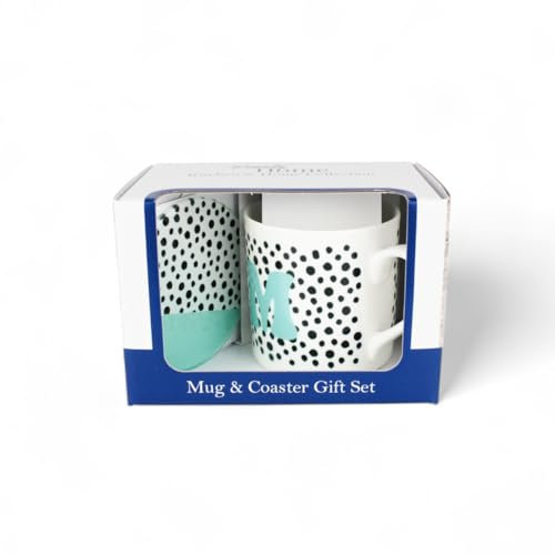 Spotty Letter M Mug & Coaster Gift Set - Polka Dots Alphabet Initials Bone China Mug and Glass Coaster Set - Tea/Coffee Present