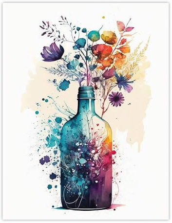 Wee Blue Coo Gin Bottle Flowers Watercolour Painting Blue Purple Orange Spring Flower Blooms Unframed Wall Art Print Poster Home Decor Premium