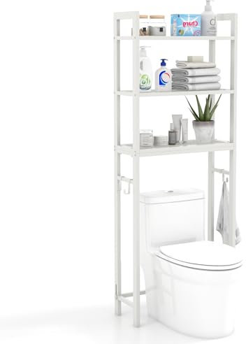 COSTWAY Toilettenregal 170cm, WC Regal mit 3 ablagen, Regal für Waschmaschine Metall, inkl. 3 Haken, mit höhenverstellbarer Querstange (Weiß)
