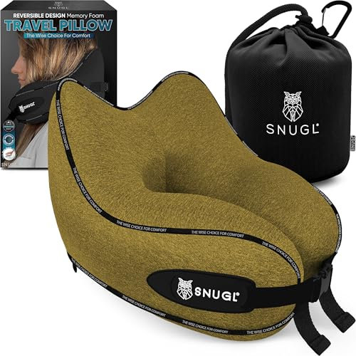 SNUGL Nackenkissen Memory Foam Waschbar & Verstellbar | Kuscheliges Nacken Reisekissen Für Flugzeug, Auto & Unterwegs | Reise-Kissen Nackenhörnchen, Neck Travel Pillow (Dunkelgelb, Erwachsener Normal)