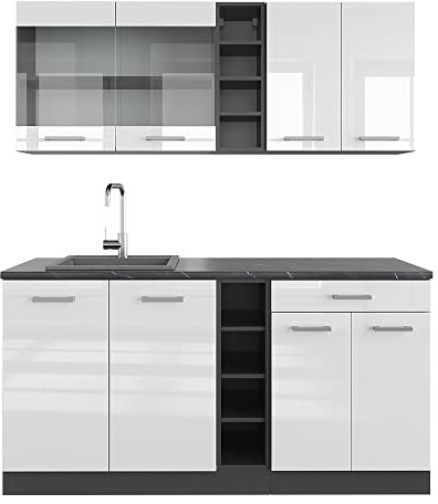 Vicco Singleküche R-Line, Weiß Hochglanz/Anthrazit, 160 cm, AP Anthrazit